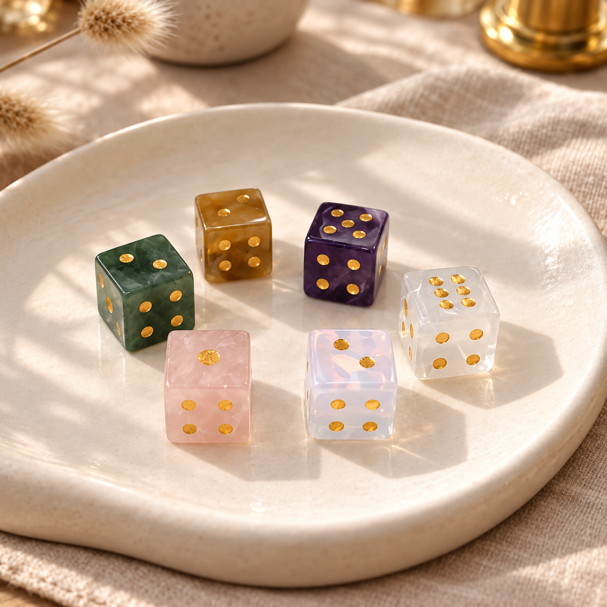 Handcrafted Natural Gemstone Mahjong Dice Set - Image 5